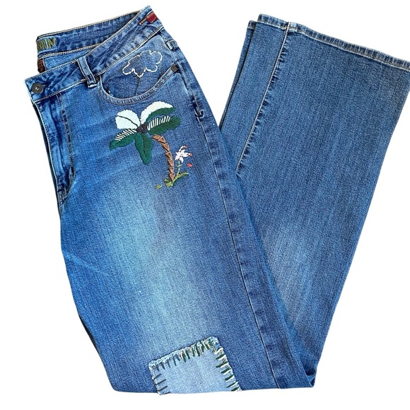 WORN Vintage Embroidered Jeans Sz 10 Palm Tree Patchwork Free People Vibe A149 - Picture 1 of 9